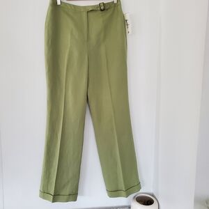 NWT 80s David N Sz 8 Linen Blend Lined Green Pants Zip Cuffed Hem Silver Buckle